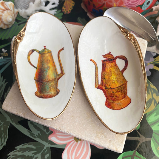 Decoupage Clam Shell Spoon Rest Pair – Vintage Coffee & Tea Illustration