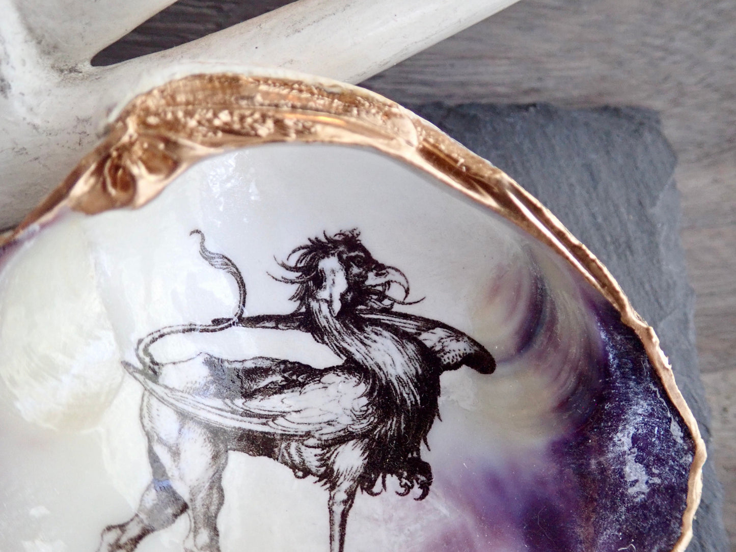 Decoupage Clam Shell Trinket Dish Mythical Griffin Art