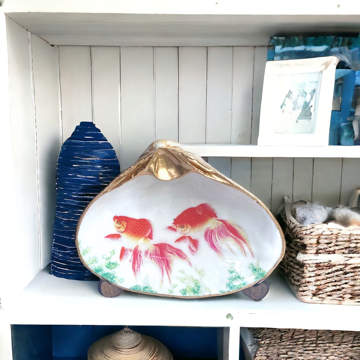 Decoupage Clam Shell Goldfish Art
