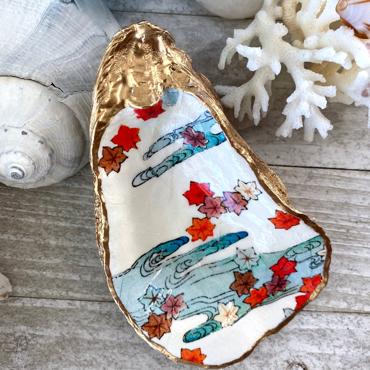 Decoupage Oyster Shell Ring Dish – Autumn Leaves Design, Hostess Gift