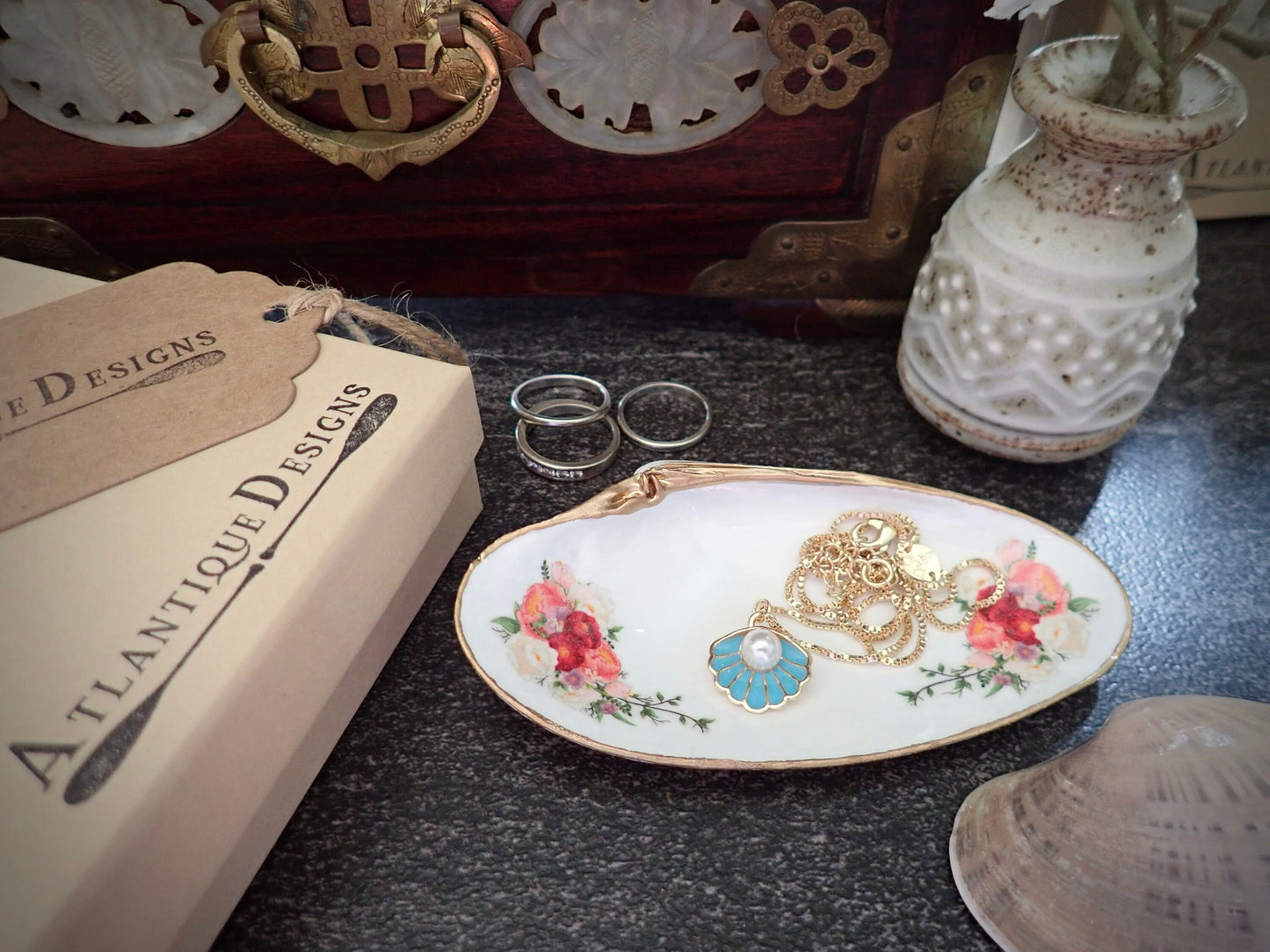 Personalized Decoupage Shell Jewelry Dish – Custom Hostess Gift, Coastal Decor