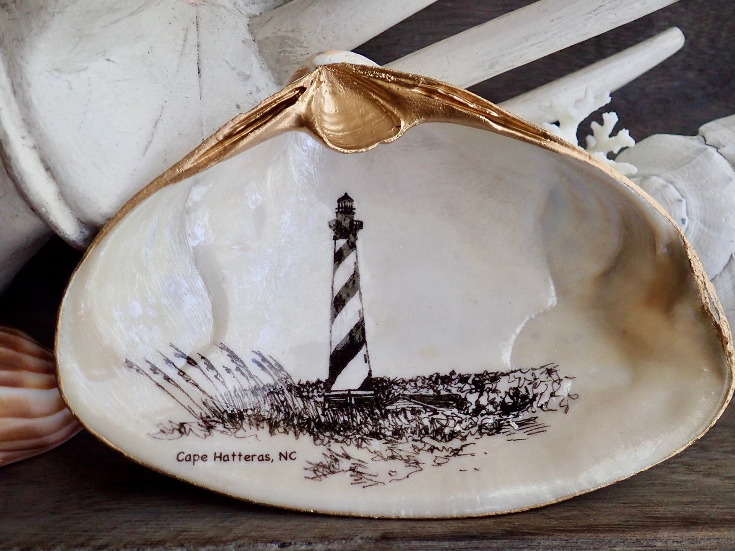 Decoupage Clam Shell Trinket Dish Cape Hatteras Lighthouse Art