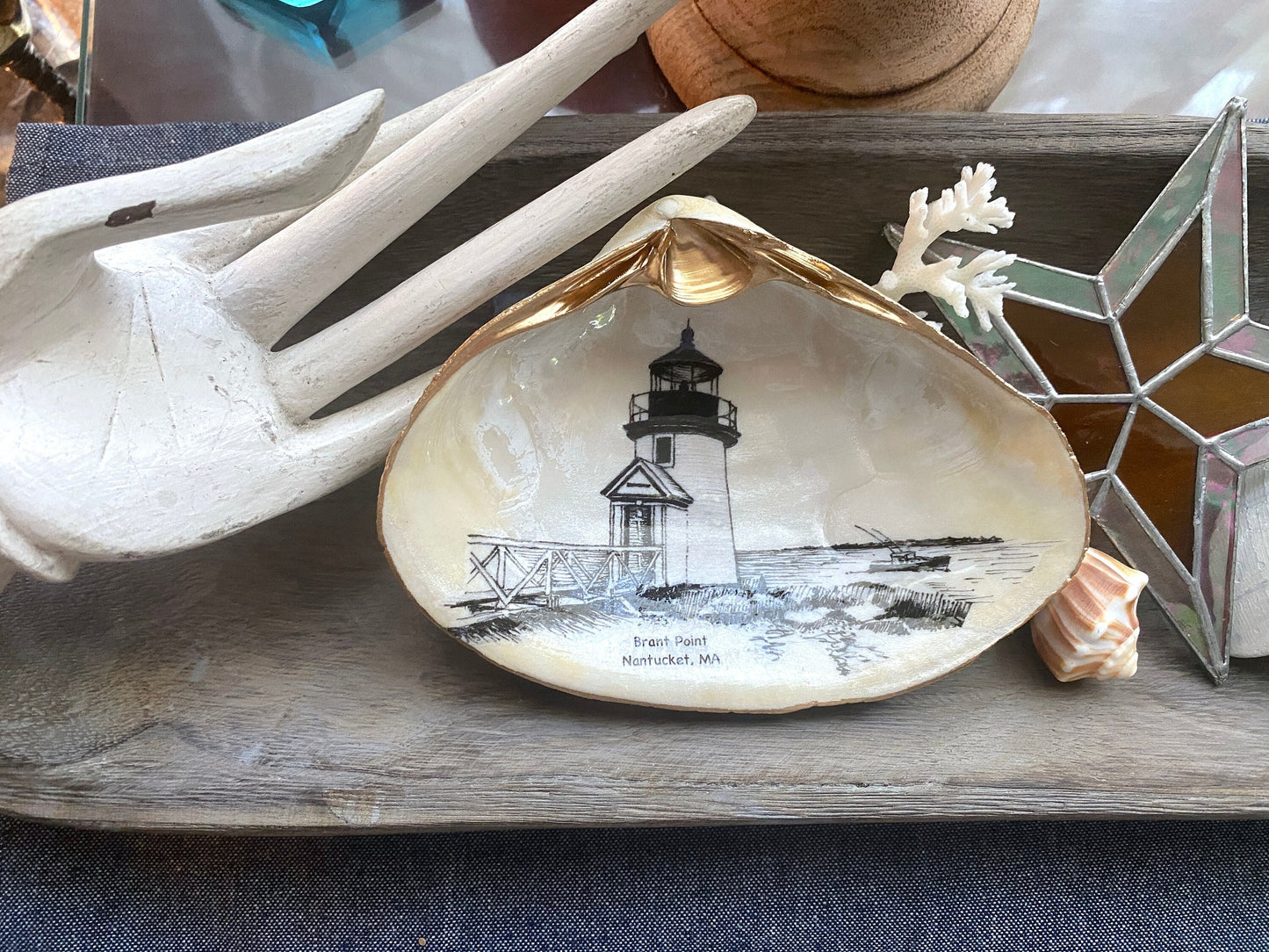 Decoupage Clam Shell Trinket Dish Nantucket Art