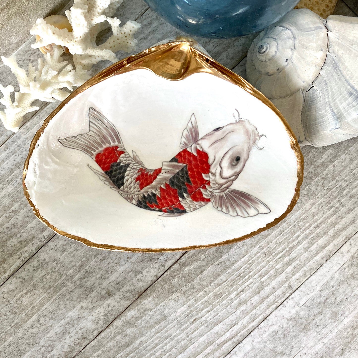 Koi Fish Decoupage Clam Shell Ring Dish – Handcrafted Coastal Trinket Holder, Nautical Gift
