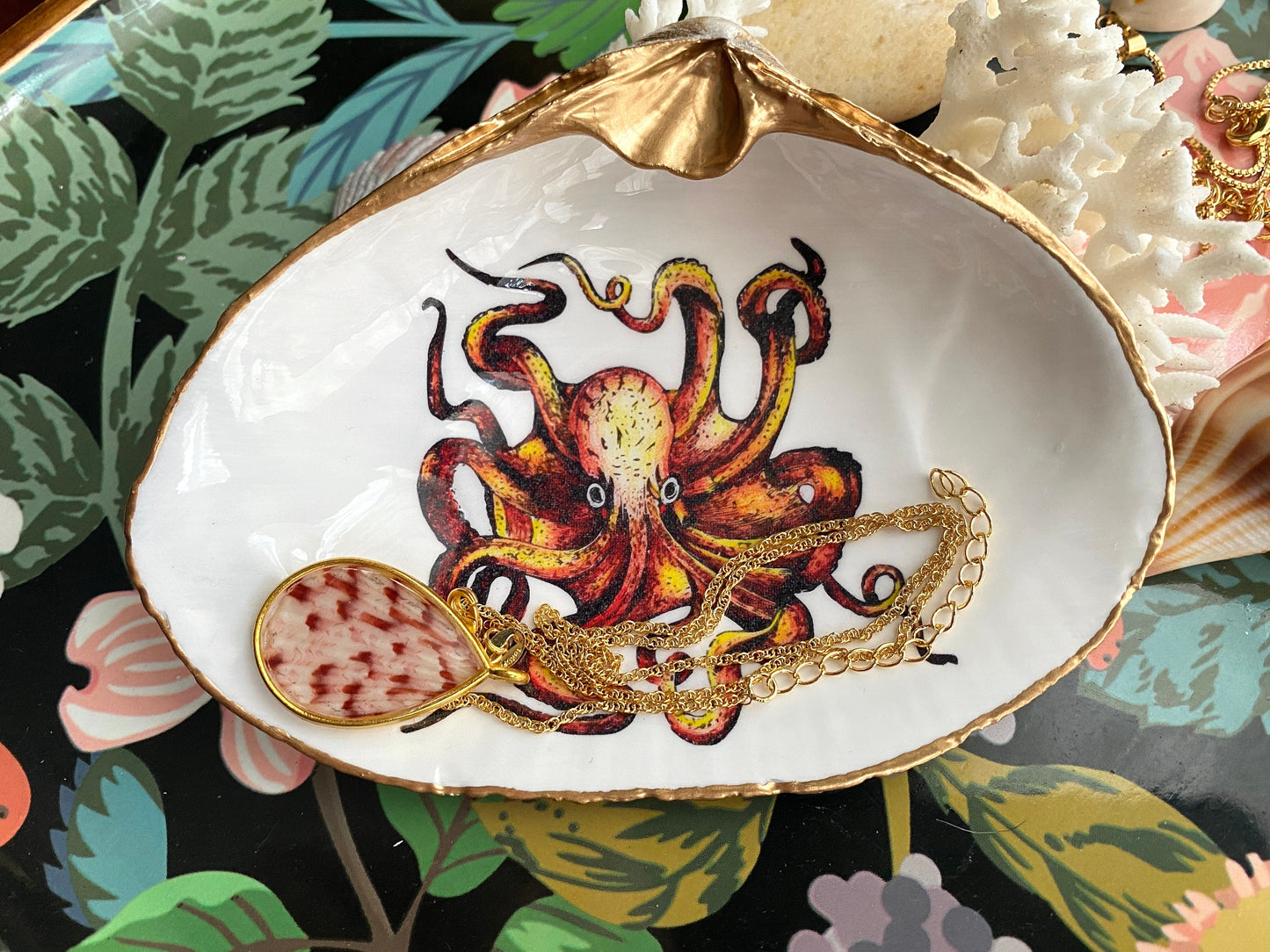 Hand-Colored Octopus Decoupage Clam Shell Trinket Dish