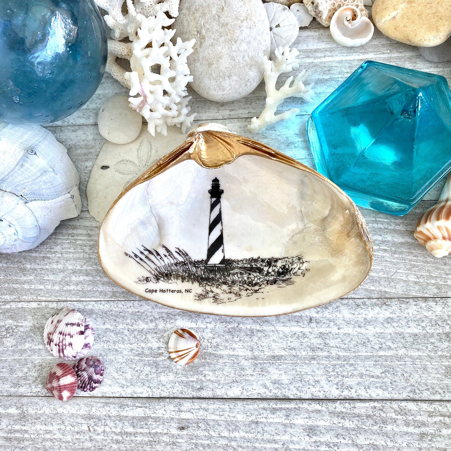 Decoupage Clam Shell Trinket Dish Cape Hatteras Lighthouse Art