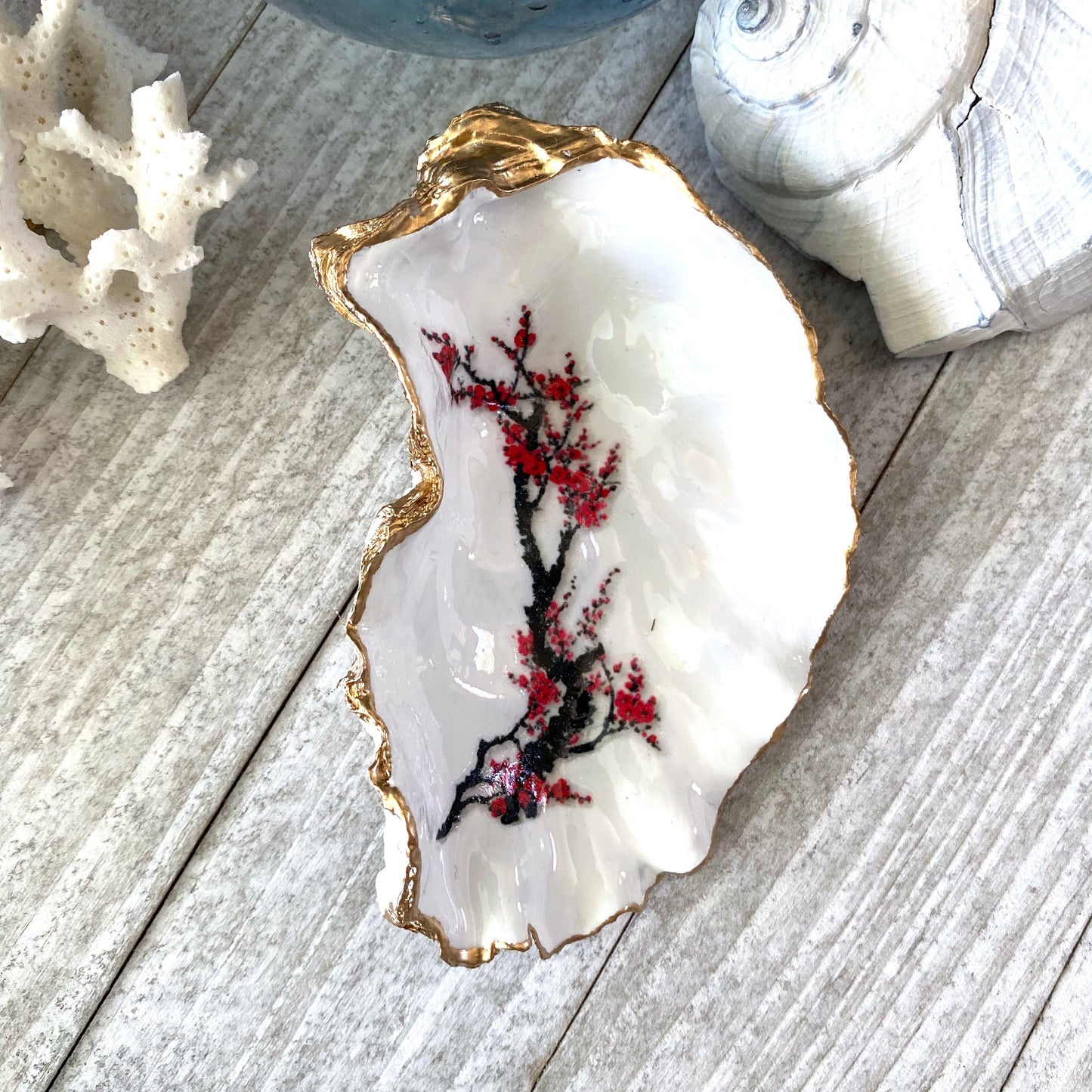 Decoupage Oyster Shell Trinket Dish Cherry Blossom Art
