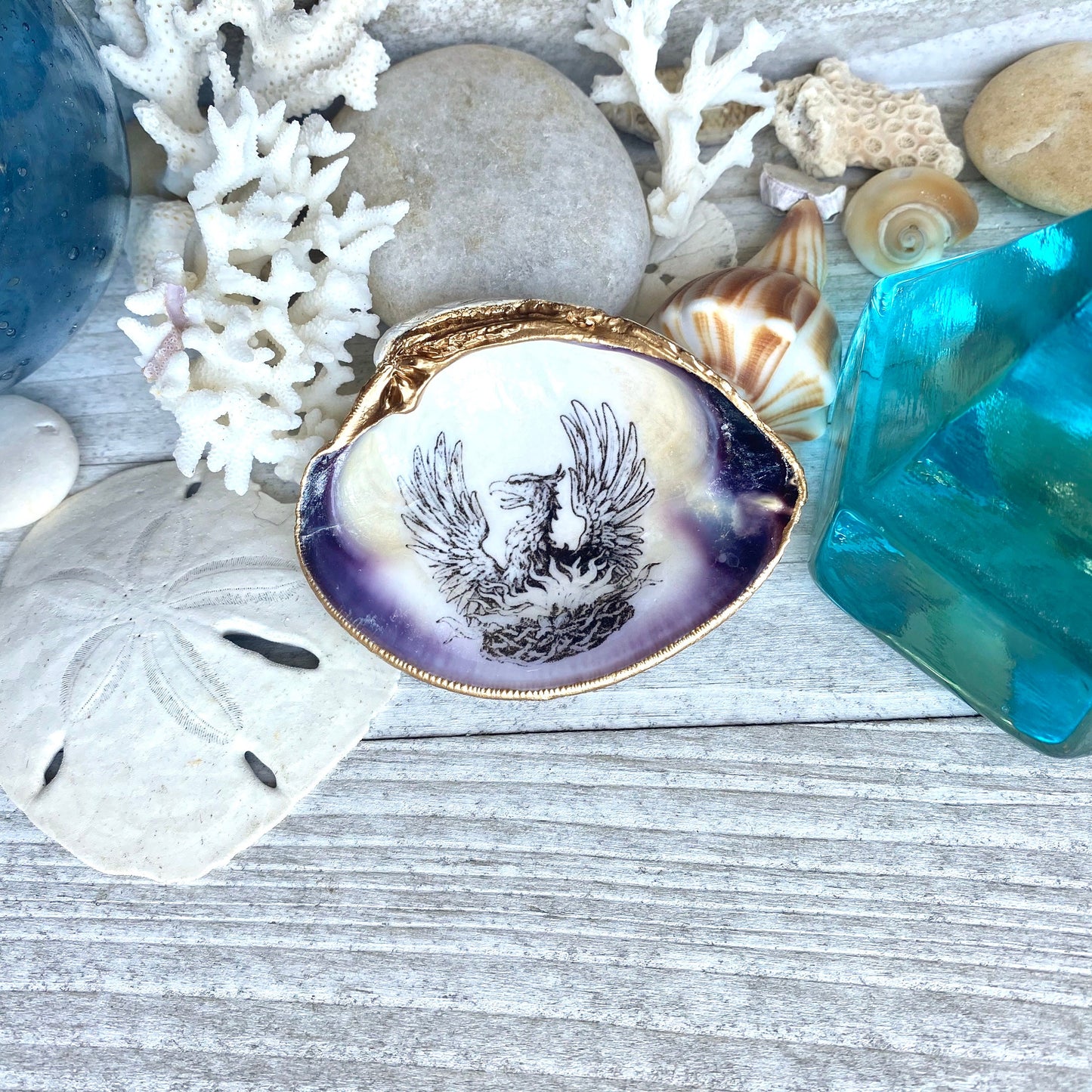 Decoupage Phoenix Clam Shell Ring Dish – Coastal Jewelry Holder, Mythology Decor