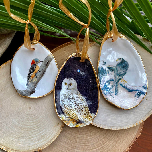 Holiday Ornaments Decoupage Bird Lover Oyster Shell