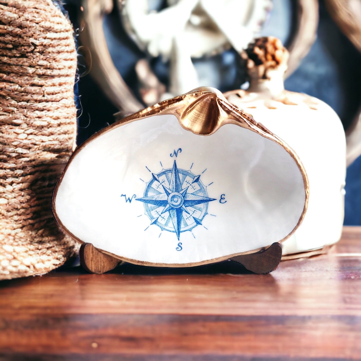 Decoupage Clam Shell Nautical Compass Art Trinket Dish