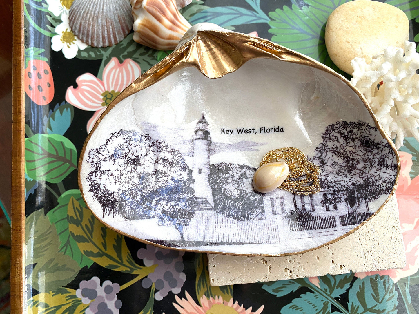 Decoupage Clam Shell Trinket Dish Key West Lighthouse Art