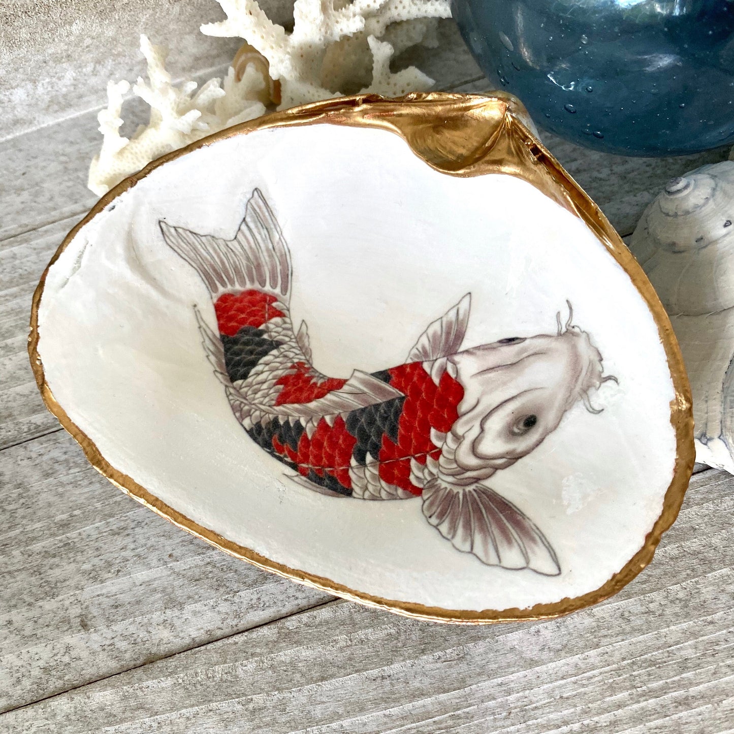 Koi Fish Decoupage Clam Shell Ring Dish – Handcrafted Coastal Trinket Holder, Nautical Gift