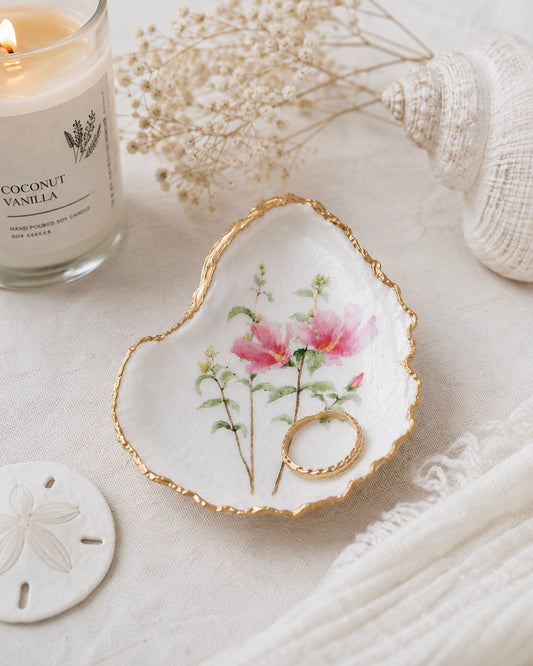 Decoupage Oyster Shell Trinket Dish – Hibiscus Flower Art