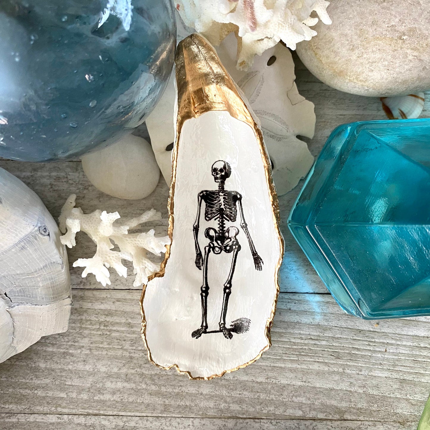Decoupage Skeleton Oyster Shell Ring Dish – Hand-Crafted Gothic Coastal Decor