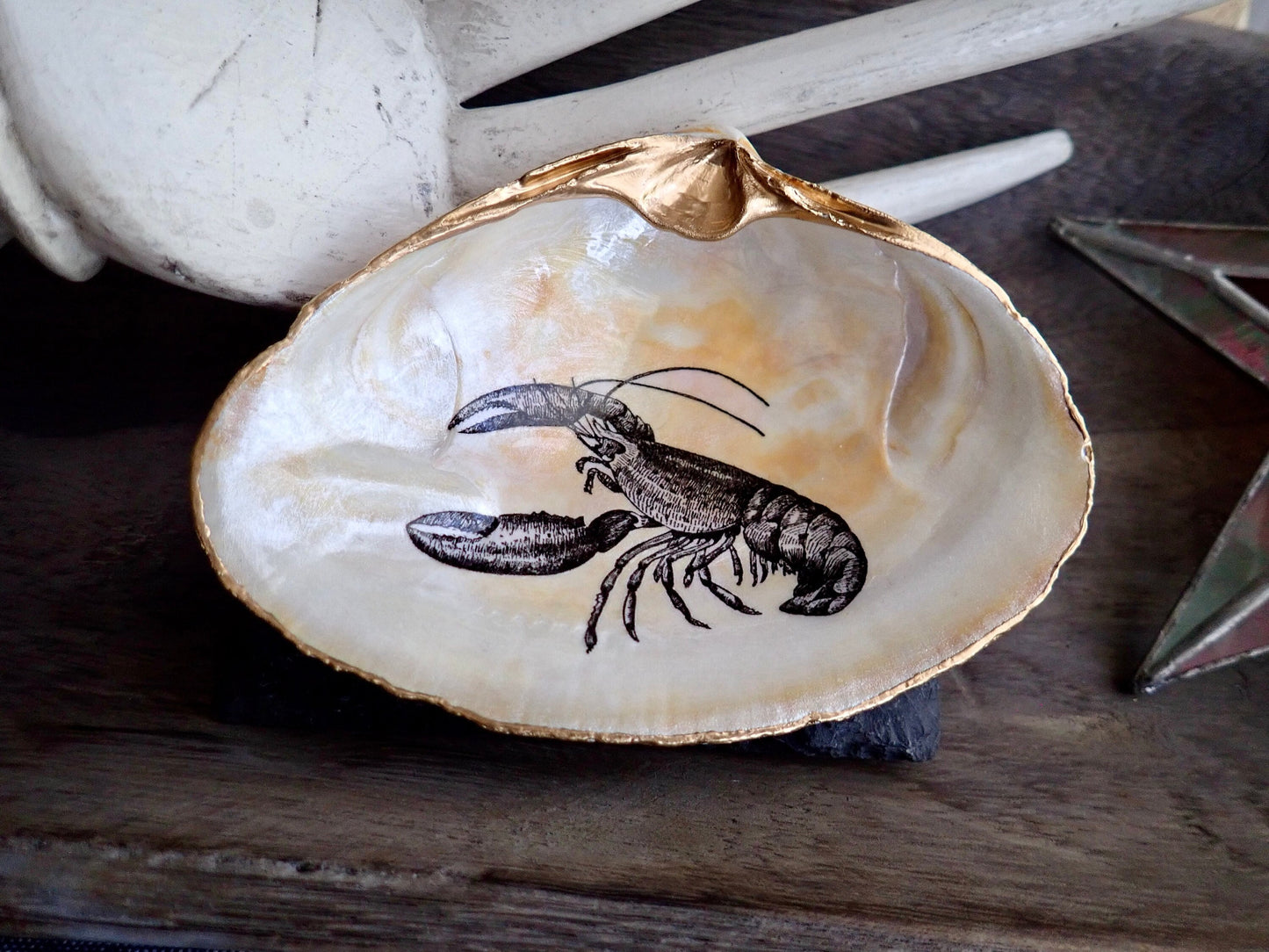 Decoupage Lobster Clam Shell Ring Dish – Coastal Jewelry Holder, Nautical Gift