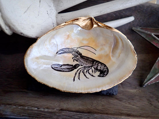 Decoupage Lobster Clam Shell Ring Dish – Coastal Jewelry Holder, Nautical Gift