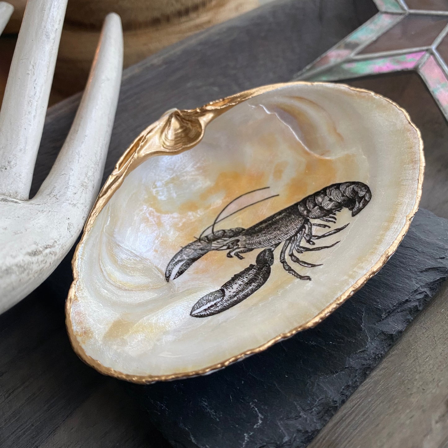 Decoupage Lobster Clam Shell Ring Dish – Coastal Jewelry Holder, Nautical Gift