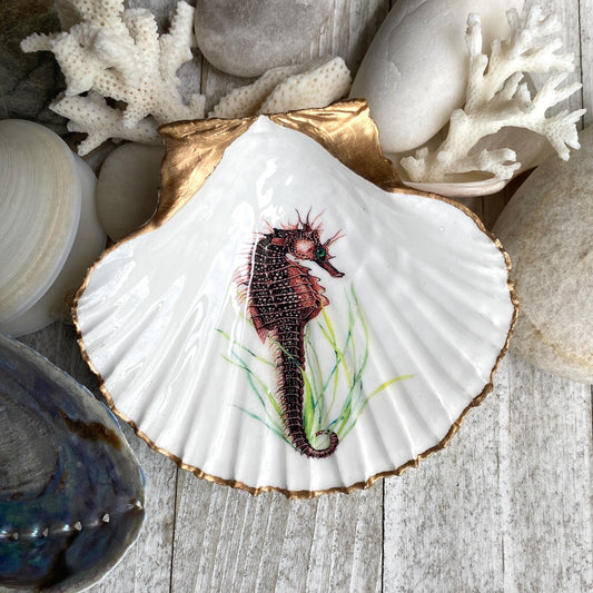 Decoupage Scallop Shell Trinket Dish Seahorse Art