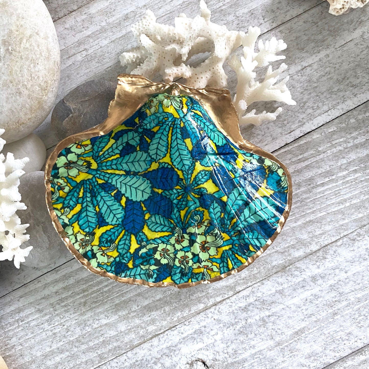 Decoupage Scallop Shell Trinket Dish Tropical Pattern
