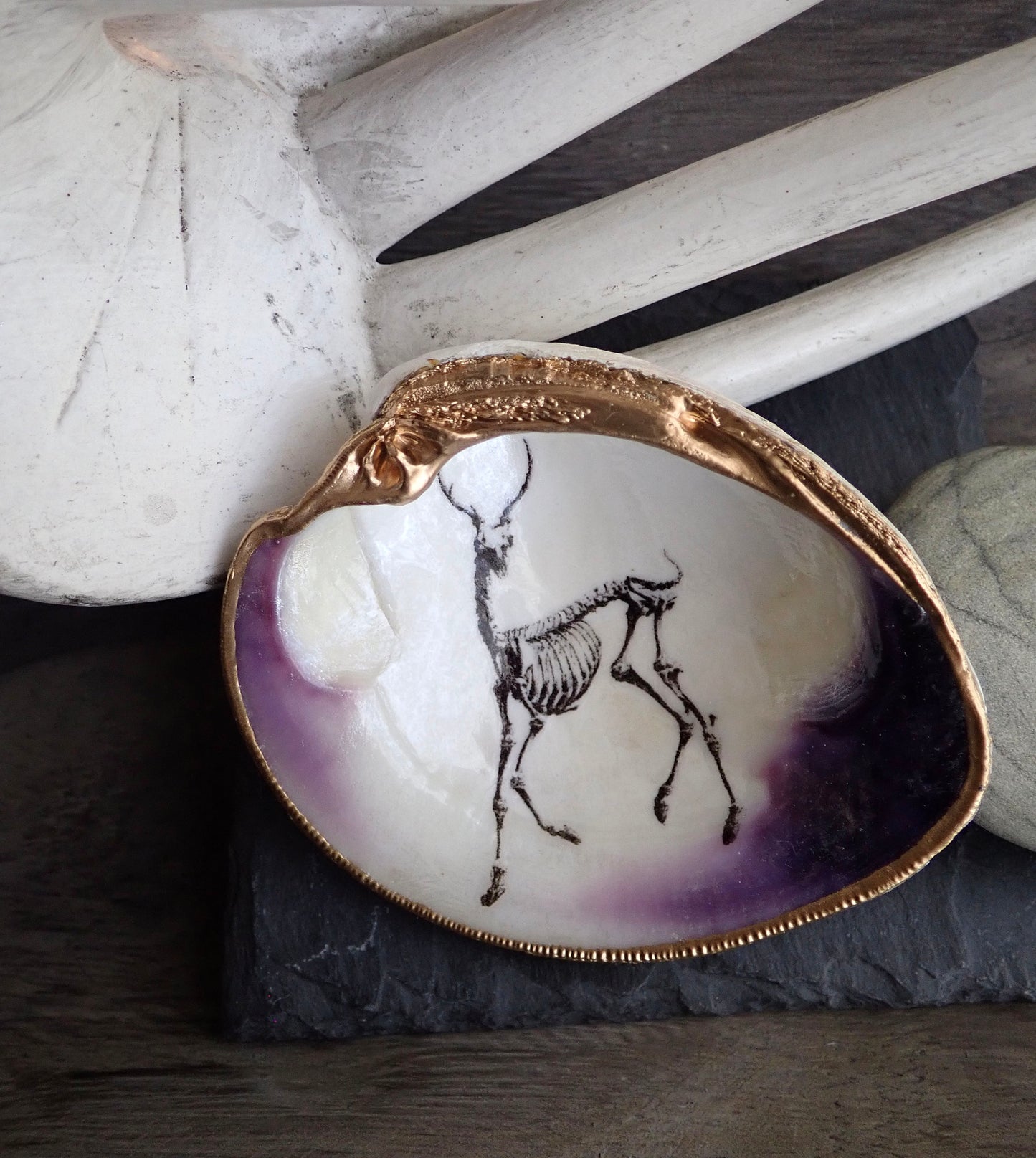 Decoupage Clam Shell Ring Dish – Gothic Skeleton, Esoteric Art Gift