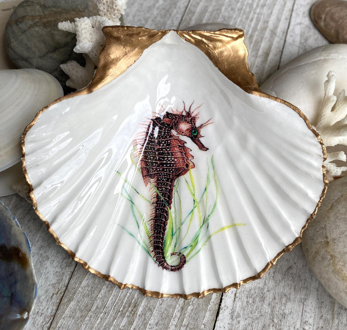 Decoupage Scallop Shell Trinket Dish Seahorse Art