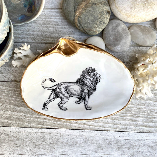 Decoupage Clam Shell Jewelry Dish – Lion Lover Gift, Coastal Decor