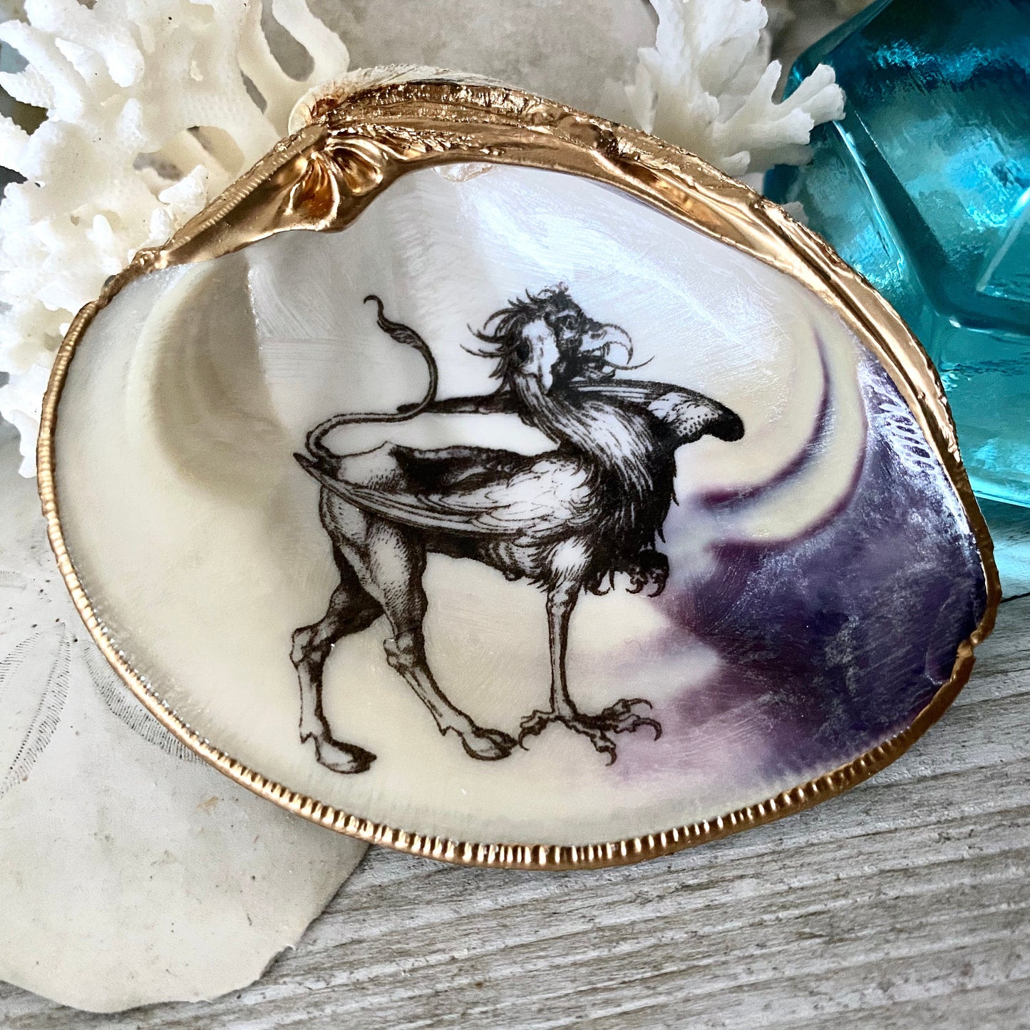 Decoupage Clam Shell Trinket Dish Mythical Griffin Art