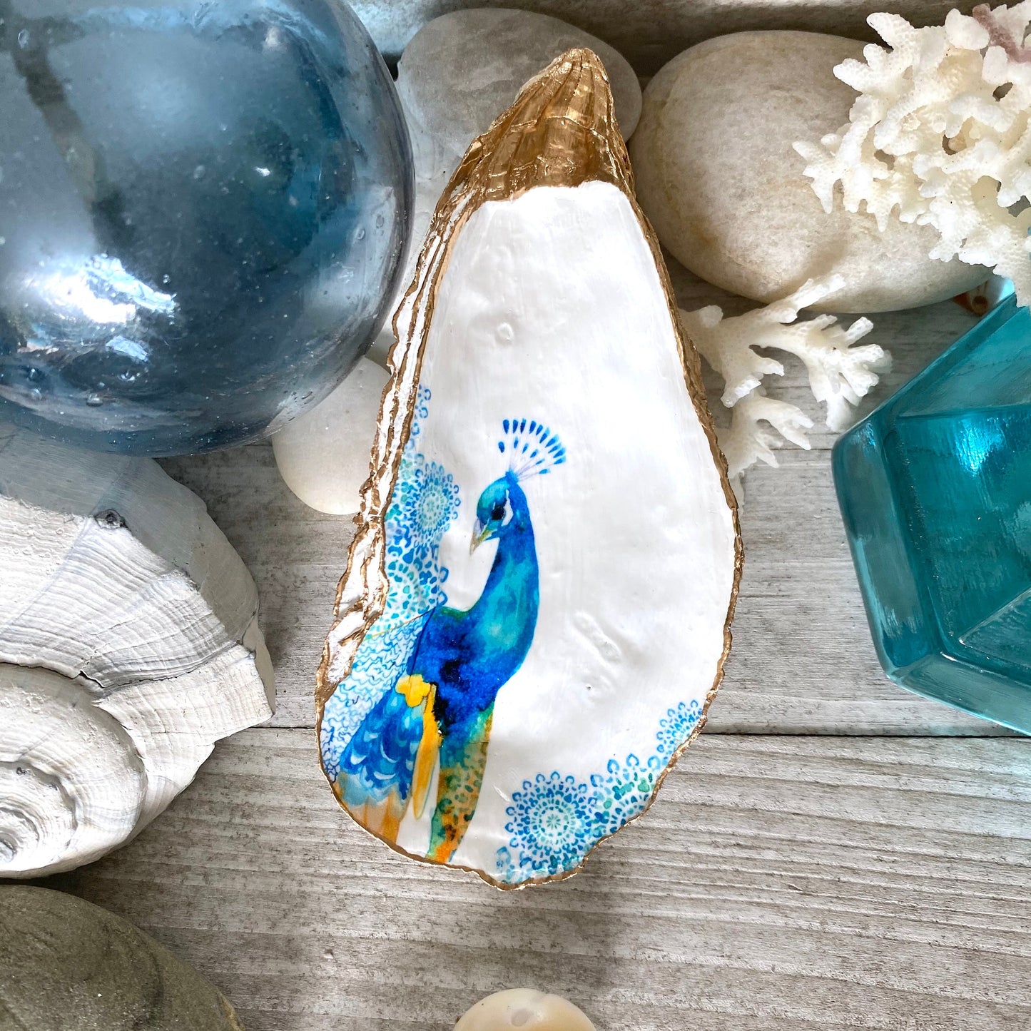 Decoupage Oyster Shell Trinket Dish Peacock Art