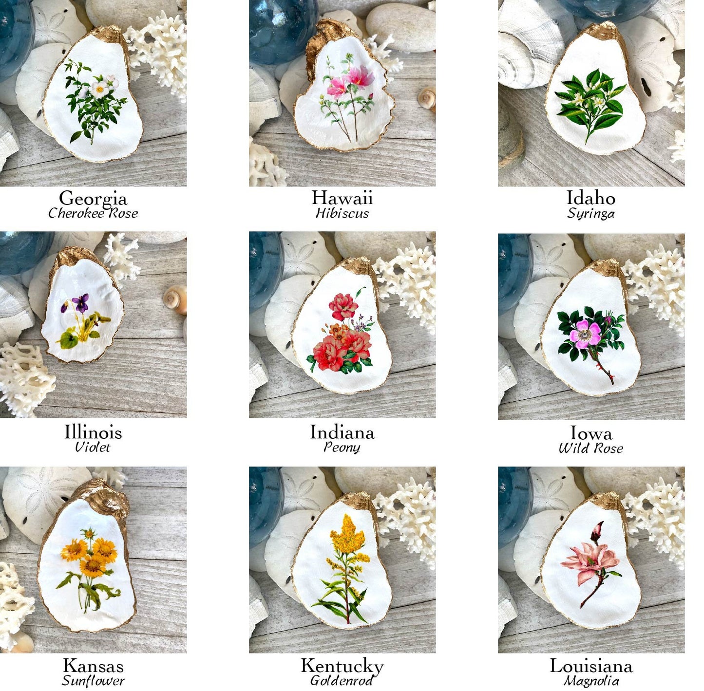 Decoupage Oyster Shell Ring Dish – State Flower Art Coastal Jewelry Holder, Hostess Gift