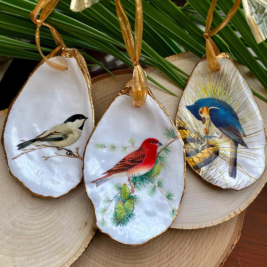 Holiday Ornaments Decoupage Bird Lover Oyster Shell