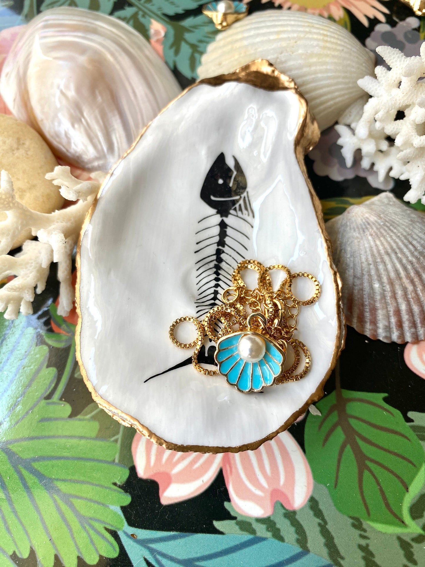 Decoupage Oyster Shell Jewelry Dish – Fish Skeleton, Nautical Halloween Decor