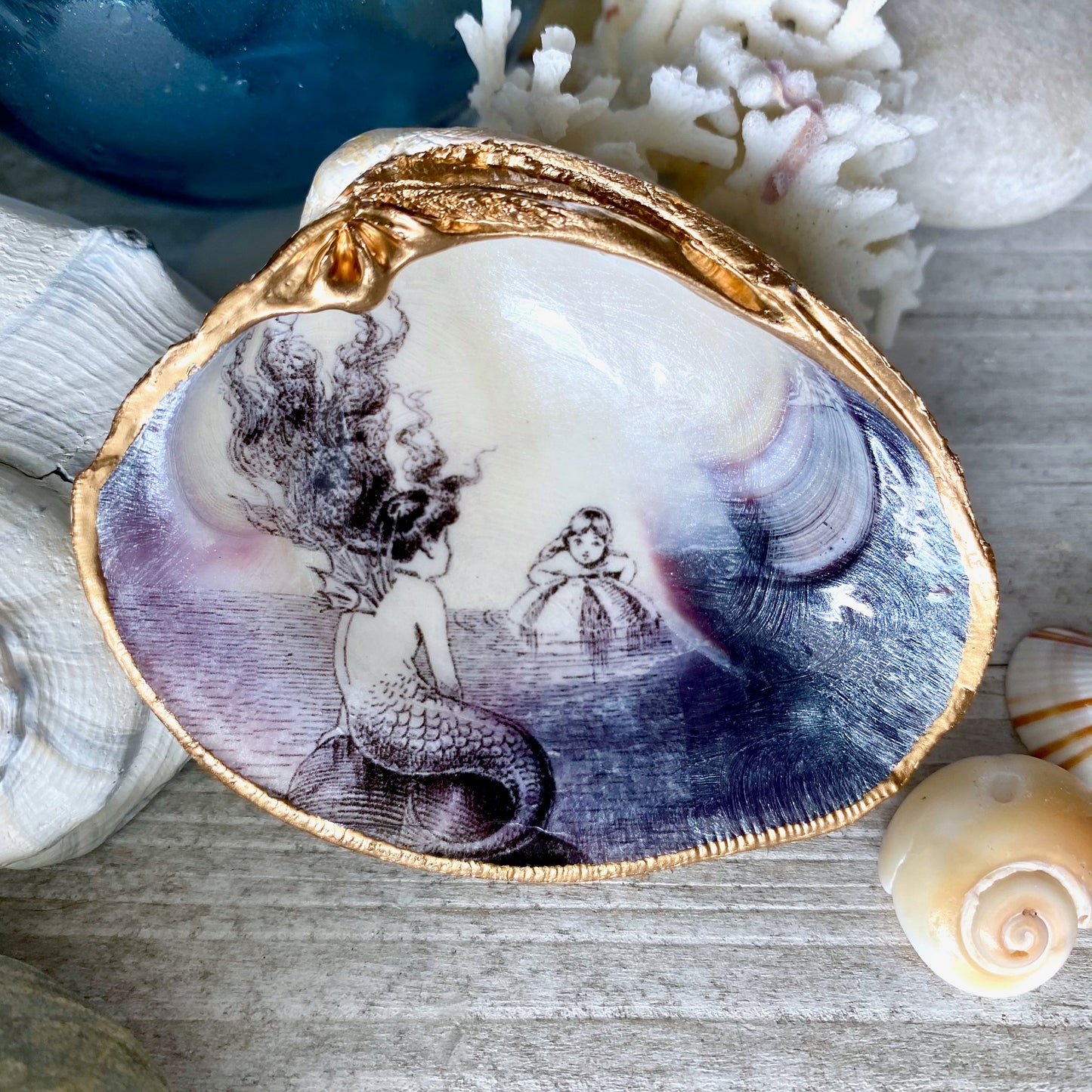 Decoupage Clam Shell Trinket Dish Mermaid Art