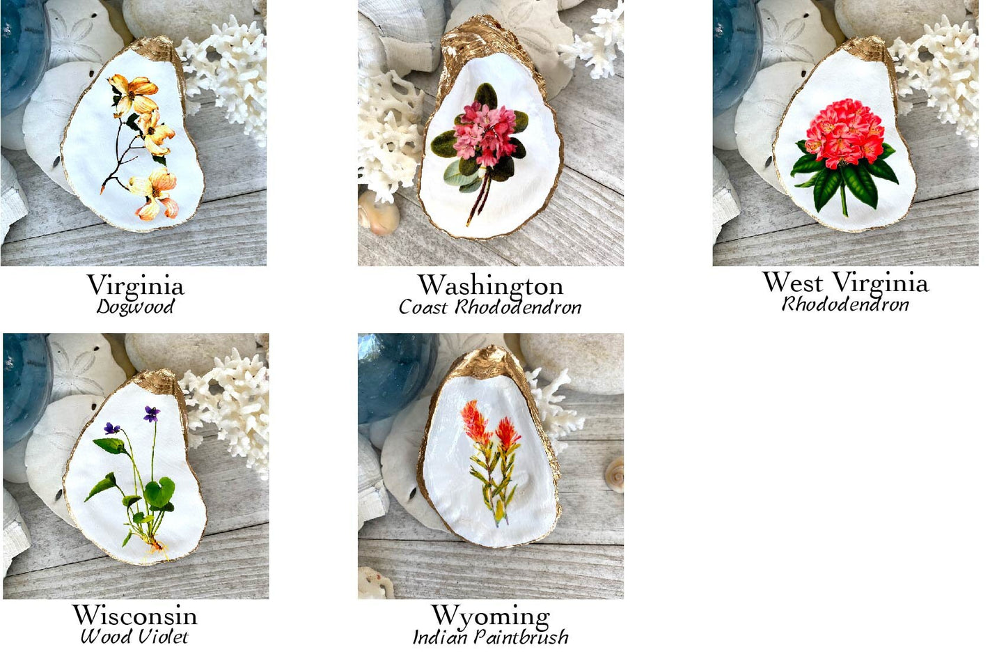 Decoupage Oyster Shell Ring Dish – State Flower Art Coastal Jewelry Holder, Hostess Gift