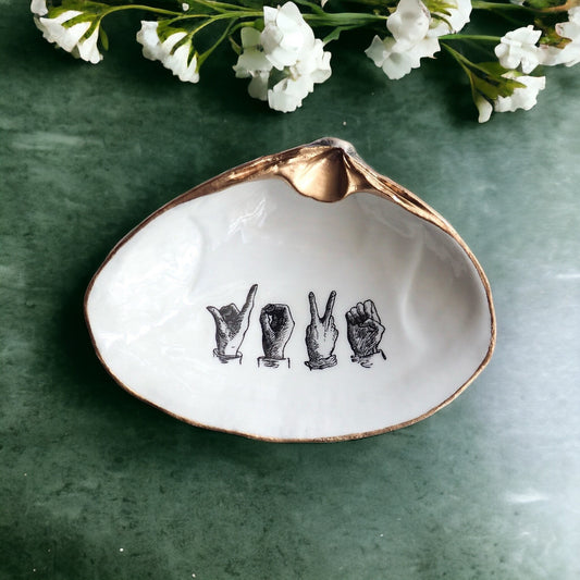 American Sign Language "Love" Decoupage Clam Shell Trinket Dish