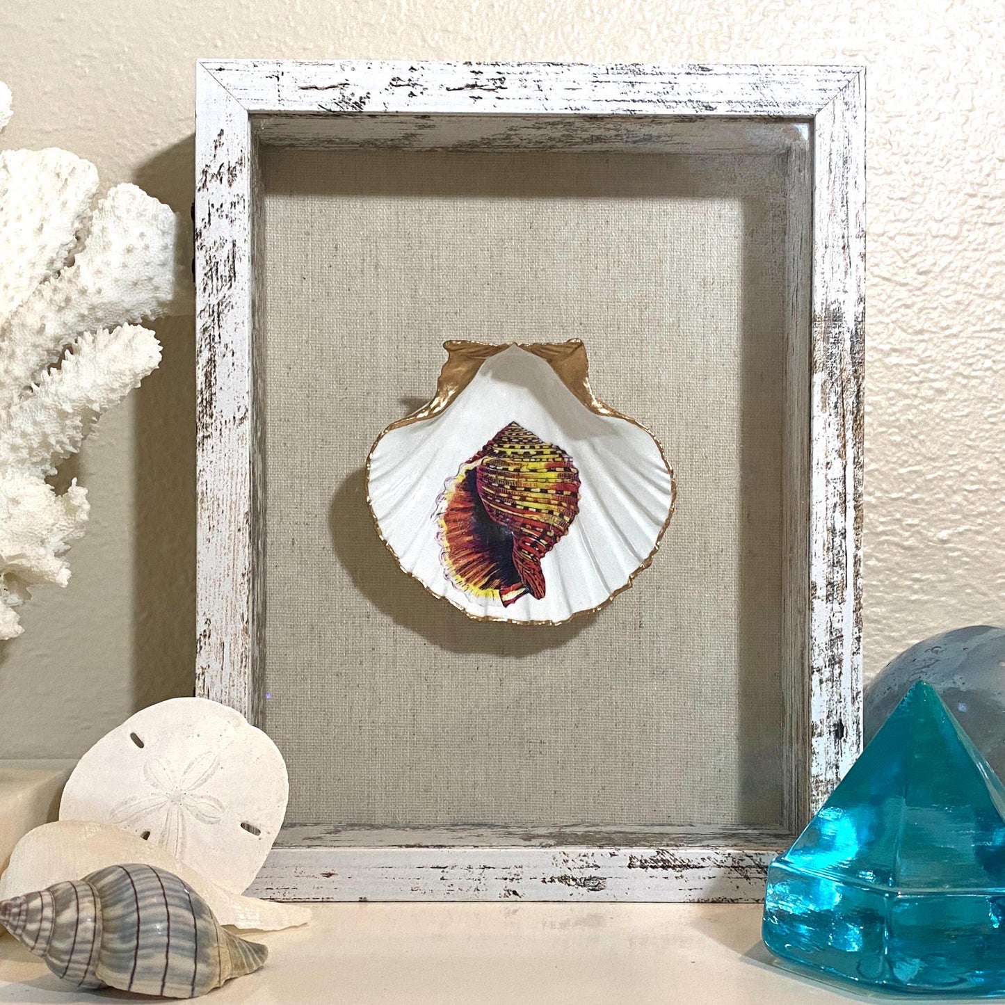 Coastal Wall Art Framed Decoupage Scallop Shell – Beach House Decor