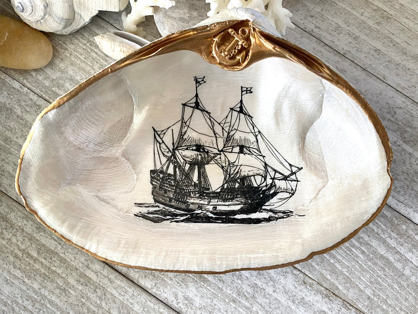 Decoupage Clam Shell Trinket Dish Tall Ship Art