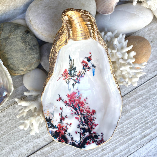 Cherry Blossom Oyster Shell Trinket Dish – Hand-Crafted Decoupage Art
