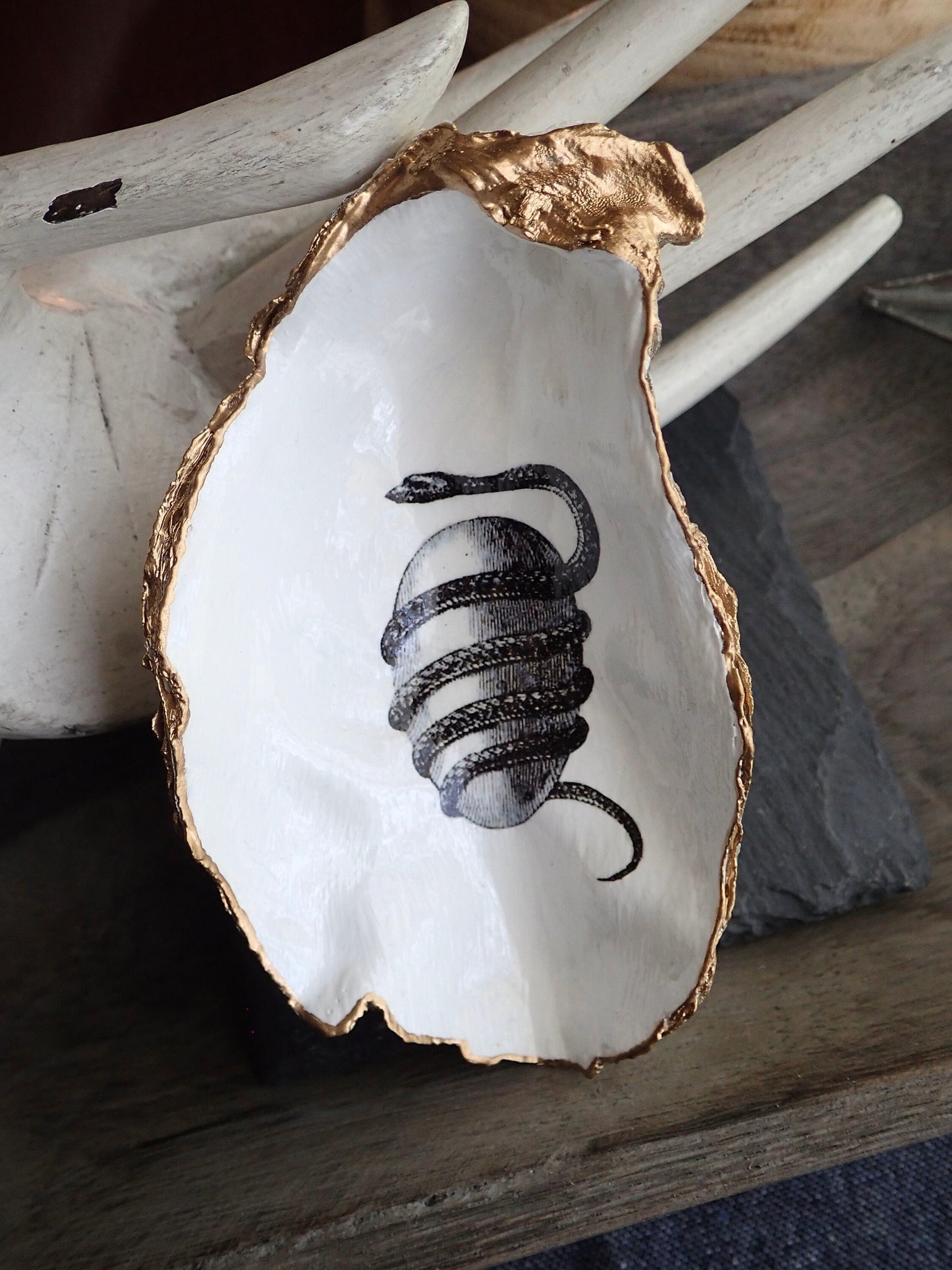 Decoupage Orphic Egg Oyster Shell Ring Dish – Handcrafted Esoteric Art, Greek Mythology Gift