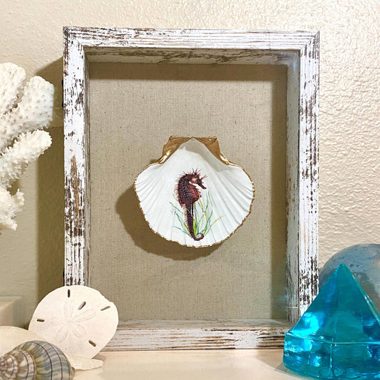 Coastal Wall Art Framed Decoupage Scallop Shell  – Beach House Decor