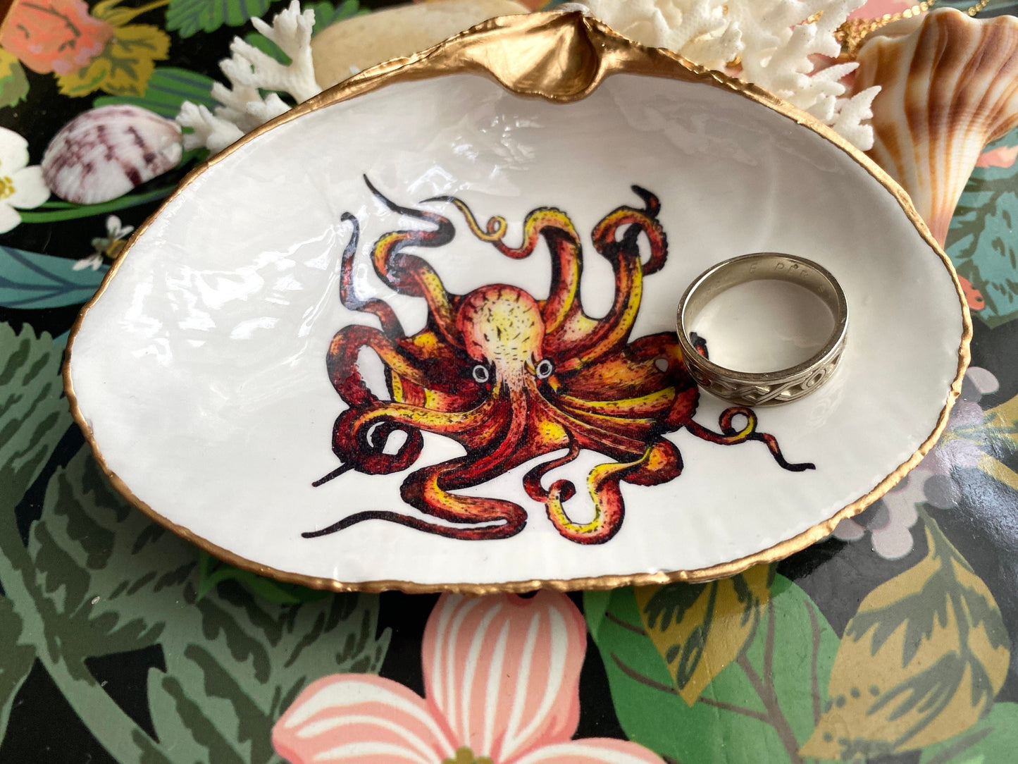 Hand-Colored Octopus Decoupage Clam Shell Trinket Dish