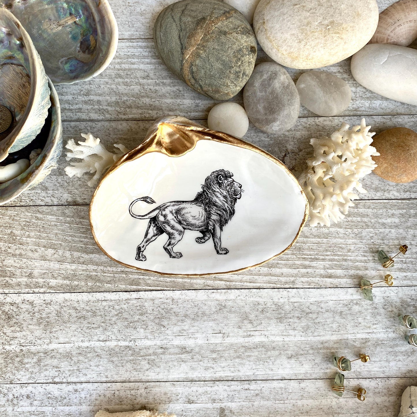 Decoupage Clam Shell Jewelry Dish – Lion Lover Gift, Coastal Decor