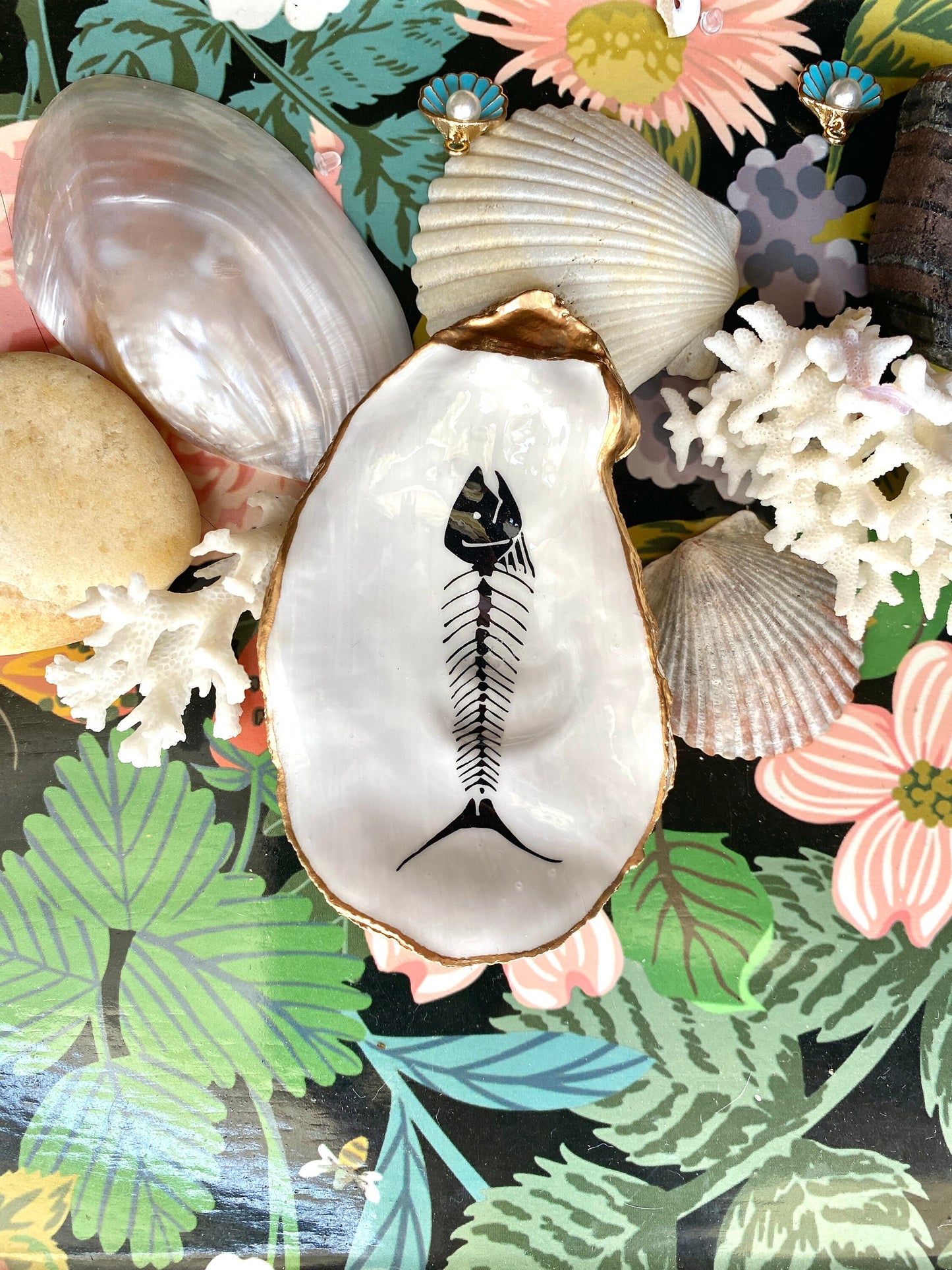 Decoupage Oyster Shell Jewelry Dish – Fish Skeleton, Nautical Halloween Decor