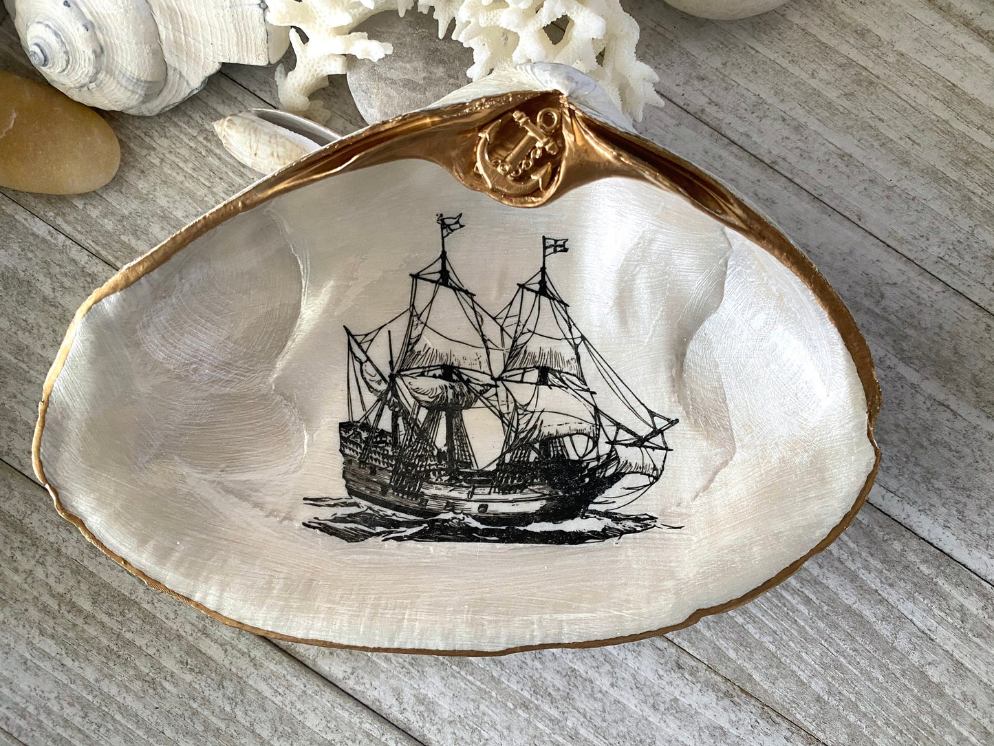 Decoupage Clam Shell Trinket Dish Tall Ship Art