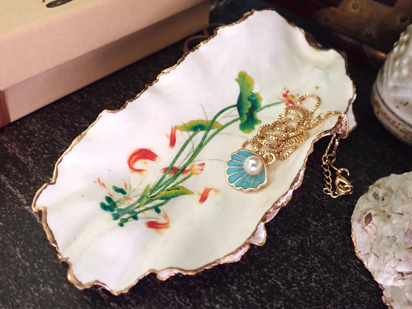 Water Lily Oyster Shell Trinket Dish – Hand-Painted Decoupage Art