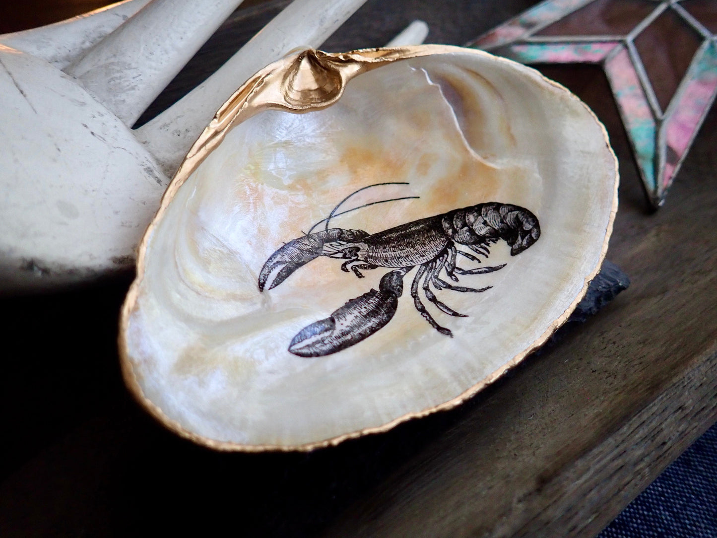 Decoupage Lobster Clam Shell Ring Dish – Coastal Jewelry Holder, Nautical Gift