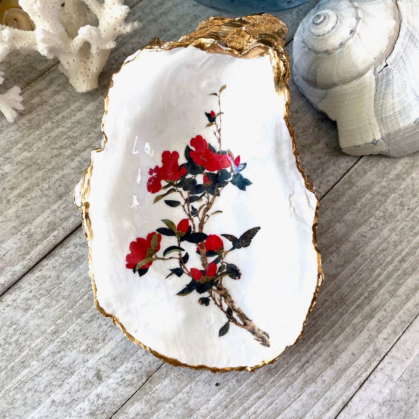 Decoupage Oyster Shell Trinket Dish Cherry Blossom Art