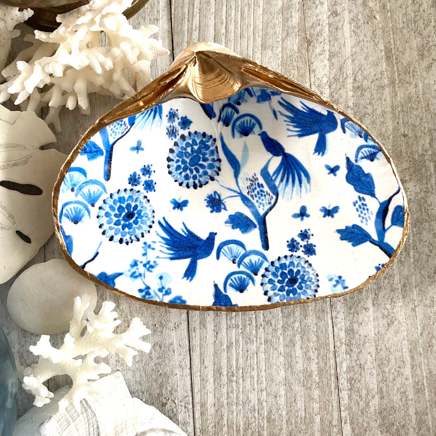 Decoupage Clam Shell Ring Dish – Delft Blue & White Design, Coastal Accent