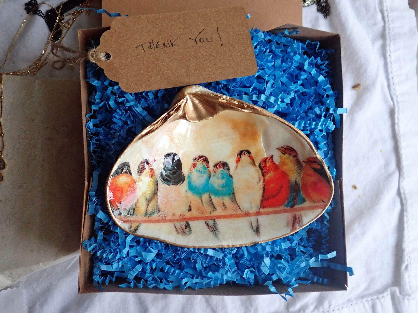 Decoupage Clam Shell Trinket Dish Bird Lover Art