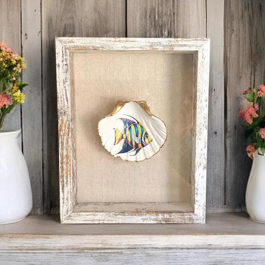 Coastal Wall Art Framed Decoupage Scallop Shell  – Beach House Decor