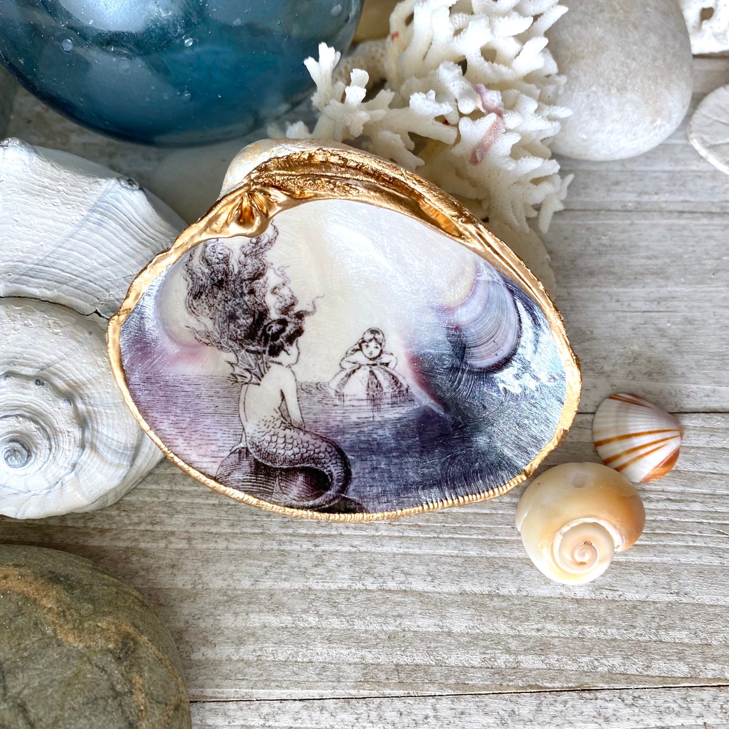 Decoupage Clam Shell Trinket Dish Mermaid Art